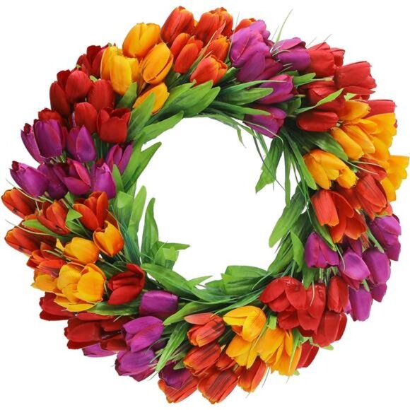 20Inch Tulip Wreath for Front Door, Spring Summer Silk Wreath with Green